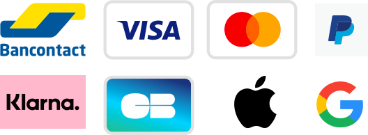 Moyens de paiement : Bancontact, VISA, Mastercard, Paypal, Klarna, CB, Apple, Google