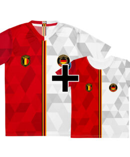 Pack famille Belgique Allemagne - maillot adulte et t-shirt enfant double nationalité, vue de face