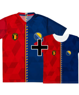 Pack famille Belgique Bosnie - maillot adulte et t-shirt enfant double nationalité, vue de face