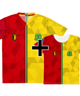 Pack famille Belgique Brésil - maillot adulte et t-shirt enfant double nationalité, vue de face
