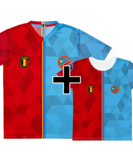 Pack famille Belgique Congo - maillot adulte et t-shirt enfant double nationalité, vue de face