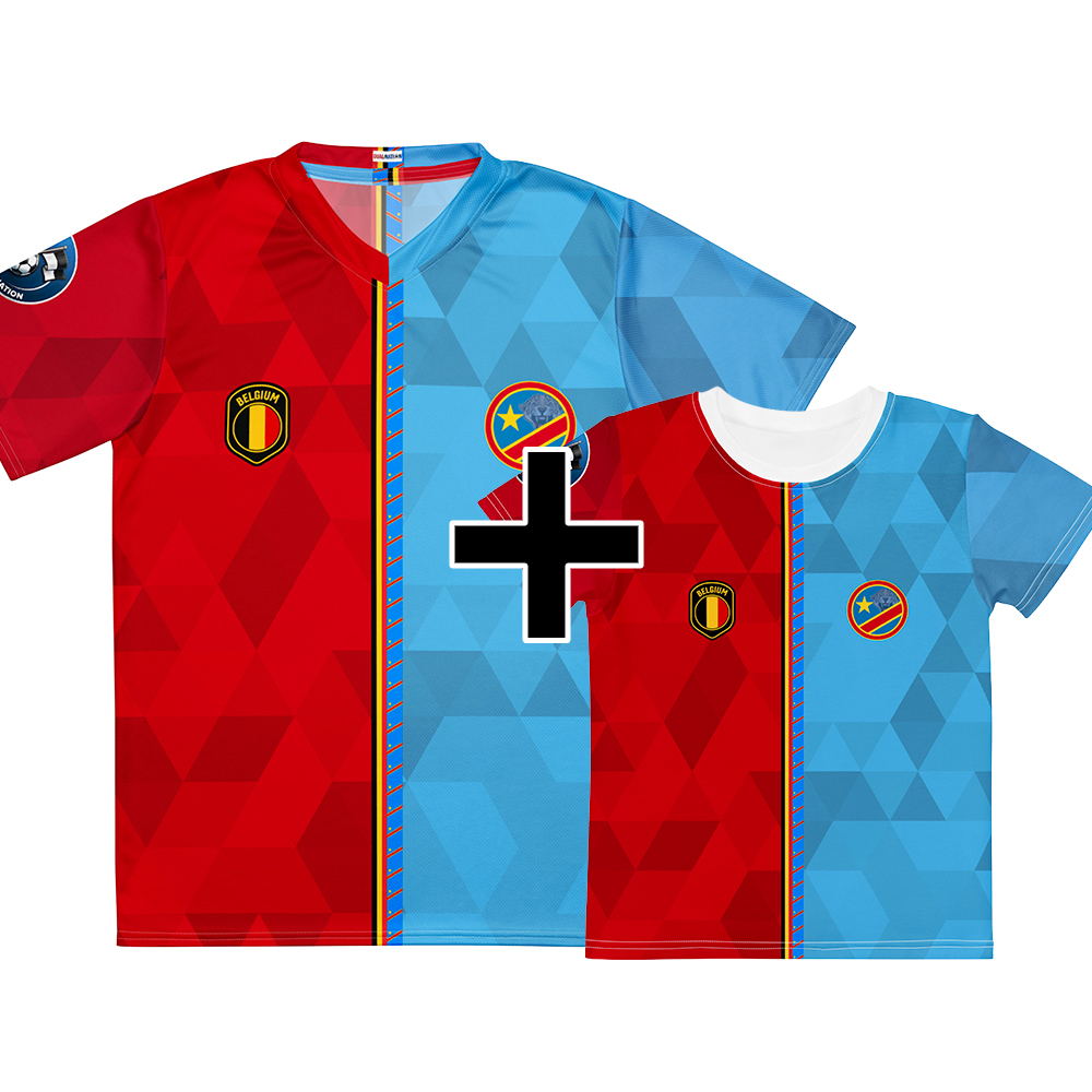 Pack Famille Belgique Congo Pack famille Belgique Congo - maillot adulte et t-shirt enfant double nationalité, vue de face
