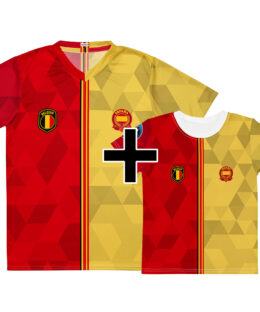 Pack famille Belgique France - maillot adulte et t-shirt enfant double nationalité, vue de face