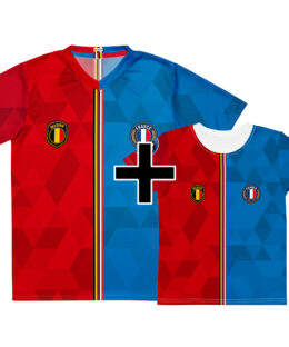 Pack famille Belgique France - maillot adulte et t-shirt enfant double nationalité, vue de face