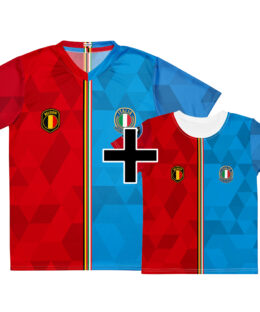 Pack famille Belgique Italie - maillot adulte et t-shirt enfant double nationalité, vue de face