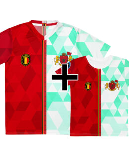 Pack famille Belgique Maroc - maillot adulte et t-shirt enfant double nationalité, vue de face