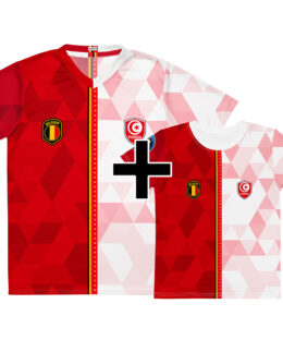 Pack famille Belgique Tunisie - maillot adulte et t-shirt enfant double nationalité, vue de face