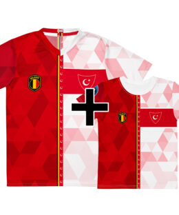 Pack famille Belgique Turquie - maillot adulte et t-shirt enfant double nationalité, vue de face