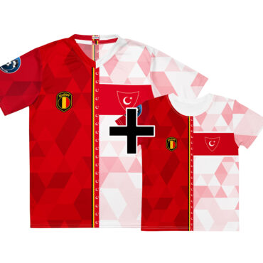 Pack famille Belgique Turquie - maillot adulte et t-shirt enfant double nationalité, vue de face