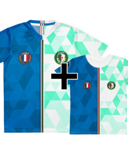 Pack famille France Algérie - maillot adulte et t-shirt enfant double nationalité, vue de face