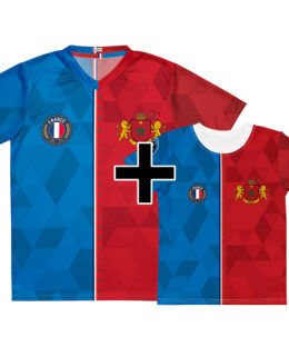 Pack famille France Maroc - maillot adulte et t-shirt enfant double nationalité, vue de face