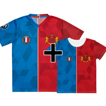 Pack famille France Maroc - maillot adulte et t-shirt enfant double nationalité, vue de face