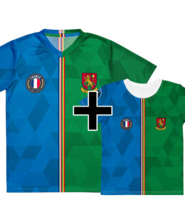 Pack famille France Sénégal - maillot adulte et t-shirt enfant double nationalité, vue de face