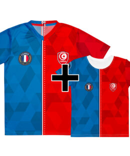 Pack famille France Tunisie - maillot adulte et t-shirt enfant double nationalité, vue de face