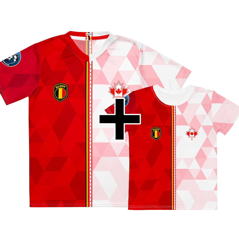 Pack famille Belgique Canada - maillot adulte et t-shirt enfant double nationalité, vue de face