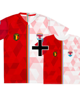 Pack famille Belgique Luxembourg - maillot adulte et t-shirt enfant double nationalité, vue de face