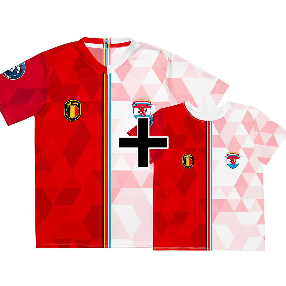 maillot-belgique-luxembourg-combinaison-adulte-enfant Pack famille Belgique Luxembourg - maillot adulte et t-shirt enfant double nationalité, vue de face