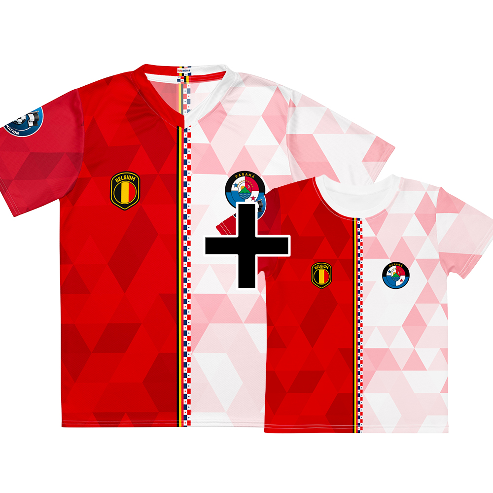 maillot-belgique-panama-combinaison-adulte-enfant Pack famille Belgique Panama - maillot adulte et t-shirt enfant double nationalité, vue de face