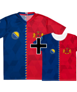 Pack famille Bosnie Maroc - maillot adulte et t-shirt enfant double nationalité, vue de face