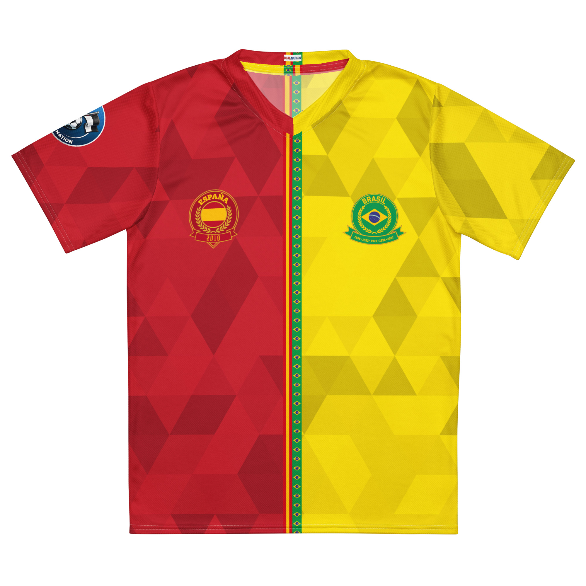 Maillot Espagne Brésil Face vue de face maillot football double nationalité Dual Nation Espagne Bresil