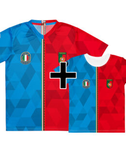 Pack famille Italie Portugal - maillot adulte et t-shirt enfant double nationalité, vue de face