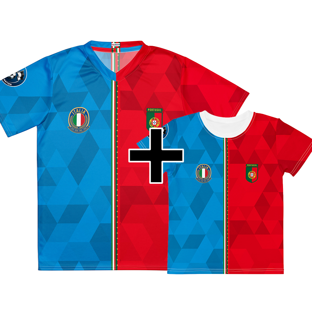Pack Famille Italie Portugal Pack famille Italie Portugal - maillot adulte et t-shirt enfant double nationalité, vue de face